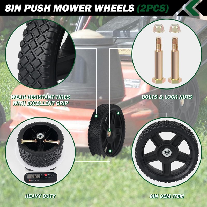 CheeMuii 8 Inch Lawn Mower Wheels 2 Pack 8" Push