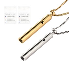 2 PCS Anti Anxiety Breathing Necklace Anxiety Relief Necklace Portable Whistle Breathlace Exercises Necklace with 2 Encouragement Cards for Adults Women Men Meditation (Steel + Gold)