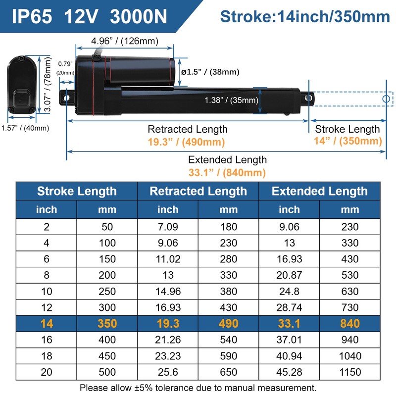 JQDML 14 Inch 14" Stroke Linear Actuator 12V with Mounting