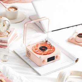 Record Player Style Speaker with Small Speaker with Time Display and Night Light, Multifunction Speaker for Bedrooms, Living Rooms, Offices and Girls (#2)