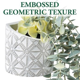 MyGift Wall Mounted Artificial Eucalyptus Plant in Modern Geometric Embossed Pattern Cement Concrete Planter Pot, Fake Faux Decorative Potted Greenery Decor