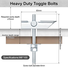 Fentar Pack of 15 Heavy Duty Tilting Dowels, M6 x 100 mm Heavy Duty Dowels Made of Galvanised Carbon Steel, Tilting Dowel Plasterboard for Hanging Heavy Items, for Hollow Walls, Fibreboard