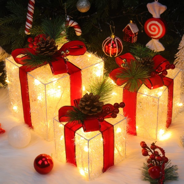 Quntis Set of 3 Light Up Present Boxes, 60 LEDs