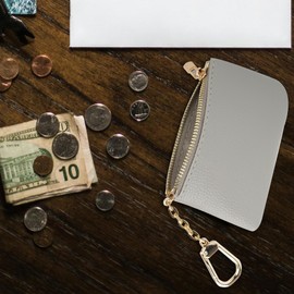 Veki Coin Purse With Key Chain, Full Grain Leather Mini Wallet, Small Coin Purse Keychain, Card Holder Keychain Small Keychain Wallet, Fashionable Classic Clutch Purse, for Women and Men (Light Gray)