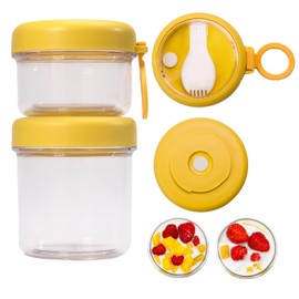 LKTKJDS 4 Pack Overnight Oats Containers with Lids, Folding Spoons 16 oz Plastic Mason Jars Containers with Lids Portable Cereal and Milk Container on the go (yellow Oatmeal Cup)