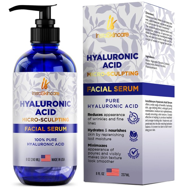 Big Bottle Pure Hyaluronic Acid Serum for Face (8 Oz) - Serum for Skin and Lips - Medical Quality Hydrating and Moisturizing Face Serum for All Skin Types - Paraben and Fragrance-Free