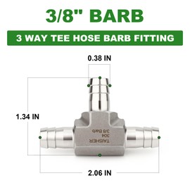 TAISHER 1PCS Forging of 304 Stainless Steel 3 Way Tee Hose Barb Fitting, 3/8" x 3/8" x 3/8" Hose Barb for Fuel/Air/Lquid/Gas with 3PCS Hose Clamp