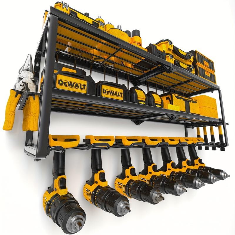 Power tool storage racks with charging stations, wall mounted drill