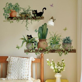 wall sticker decoration cute black cat green plant flower potted plant shelf stylish wallpaper removable wall sticker DIY decor living room bedroom kids room wall art boys girls room wallpaper rental