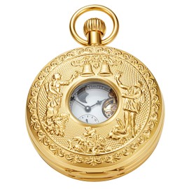 Tiong Hollow Double Gold Arabic Numerals Digital Moon Dial Steampunk Men's Mechanical Pocket Watch, Men's FOB Chain Mechanical Pocket Watch