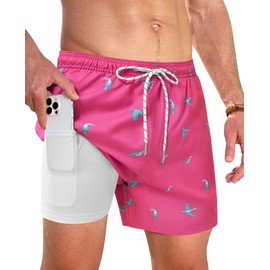 Gleeease Swim Trunks Mens 5 Inch Inseam Compression Liner Short Men Bathing Suit Lined Swimming Shorts Men's Swim Suits, Pink Toucan, Large