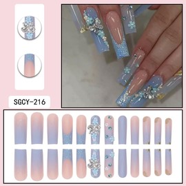 Long Square False Nails, French Press on Nails, Acrylic Blue Stick on Nails, 24pcs Extra Long Fake Nails with Glue for Women Nail Tips Butterfly Nails (Blue Butterfly, 24pcs)