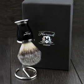 Mens Silver Tip Badger Hair Shaving Brush with Black Metal Base and Stainless Steel Brush Stand