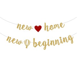 New Home New Beginning Banner, Gold Glitter New House Welcome Home Party Decoration, Housewarming First Home, Home Change Party Decors Pre-Strung