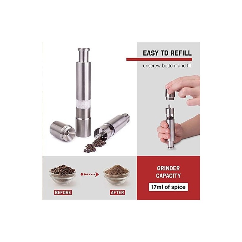 Stainless Steel Glass Body Salt and Pepper Grinder, Thumb press