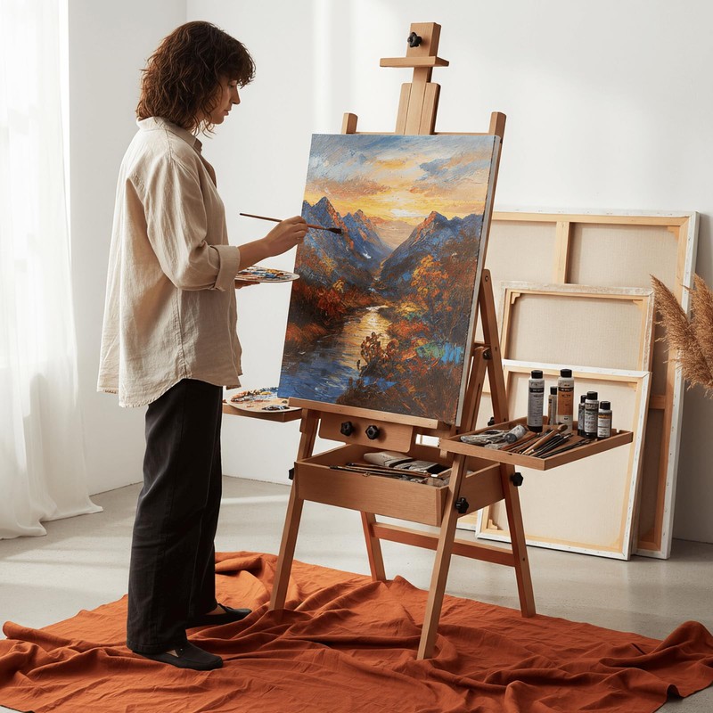 YOKUGO Beech Wood H-Frame Easel for Painting with Tray &