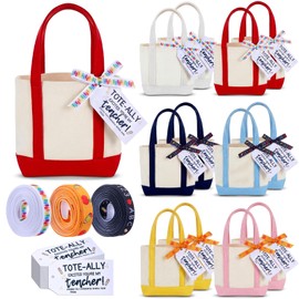 Sunnymove 12 Set Teacher Appreciation Gift Bags Bulk 12 Mini DIY Canvas Tote Bags 5 x 6 Inch with 3 Rolls Ribbons 12 Tags for Thank You Gift Women Teacher Classroom Graduation Office