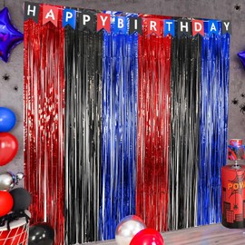 Spider Birthday Party Decoration 2 Packs Red Black and Blue 3.3x6.6ft Tinsel Foil Fringe Curtains Photo Booth Prop Tinsel Party Streamer Backdrops for Boys Spider Theme Birthday Party Decorations