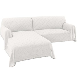 Turquoize Sectional Couch Covers L Shape Couch Cover Sectional Sofa Cover Washable 2 Pieces Couch Covers for Sectional Sofa Feature Geometrical Woven Jacquard Fabric (Chaise/2 Seats, White)