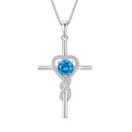 Rocayi Cross Aquamarine Necklace for Women 925 Sterling Silver Infinity March Birthstone Pendant Necklace Religious Christian Jewelry Gifts Wife Mom Her