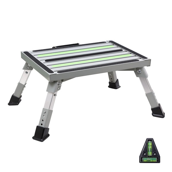 Homeon Wheels Safety RV Steps Adjustable Height Folding Platform Step with Friction Strips Non-Slip Rubber Feet and Handle RV Step Stool Supports Up to 1000lbs.