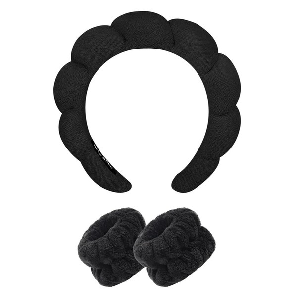Spa Headband for Women, Black Makeup Headband and Wrist Washband Set for Face Washing, Skincare, Shower, Makeup Removal
