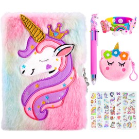 PESLNG Unicorn Plush Notebook Set, Diary Girls Notebook for Girls Plush A5 Travel Diary School Notepad Children Girls Festival Birthday Gift Pink Girls Diaries