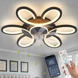 Black-Star ring Ceiling Fans with Lights and Remote, 27 Inch Modern Low Profile Flush Mount Ceiling Fan, Dimmable LED Ceiling Light Fixture, Small Ceiling Fans for Bedroom, Kitchen, Indoor-Black