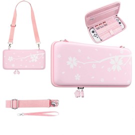 Switch OLED Case, Pink Switch Case, Switch Light, OLED, Protective Cover, 3-Way Handbag, Crossbody Hanging, Holds 10 Game Cards, Carrying Set, Large Capacity, Cherry Blossom Pattern, Pink, Storage