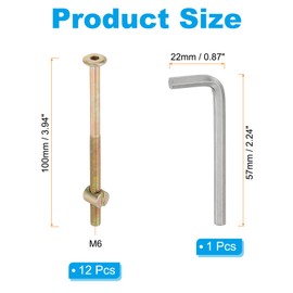 PATIKIL M6 x 100mm Bunk Bed Bolts, 12 Pack Hex Drive Socket Cap Barrel Screws Bolt Nuts Assortment Kit with 1Pcs Wrench for Furniture Bed, Zinc Color