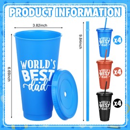 Rtteri 12 Pcs Father's Day Appreciation Cups Gift Bulk World's Best Dad 24 oz Plastic Reusable Coffee Cups with Straws and Lids for Man Gradnfather Party Supplies