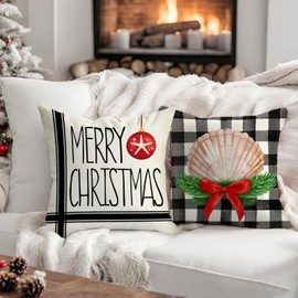 Fahrendom Merry Christmas Nautical Decorative Throw Pillow Covers 18 x 18 Set of 4, Beach Coastal Xmas Shell Anchor Holly Jolly Pillowcase, Winter Holiday Buffalo Plaid Couch Cushion Case Home Decor