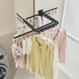 BESy Foldable Clothes Drying Rack Retractable for Hanging Clothes Collapsible Tri-Fold Drying Racks for Laundry Balcony Bathroom Aluminum Alloy Wall Mounted Matte Black