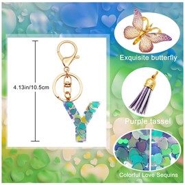 TTYY Initial Letter Keychains for Girls Women Pink Purple Green Cute Butterfly Heart Keychain for Backpack School Bag (purple heart Letter Y)