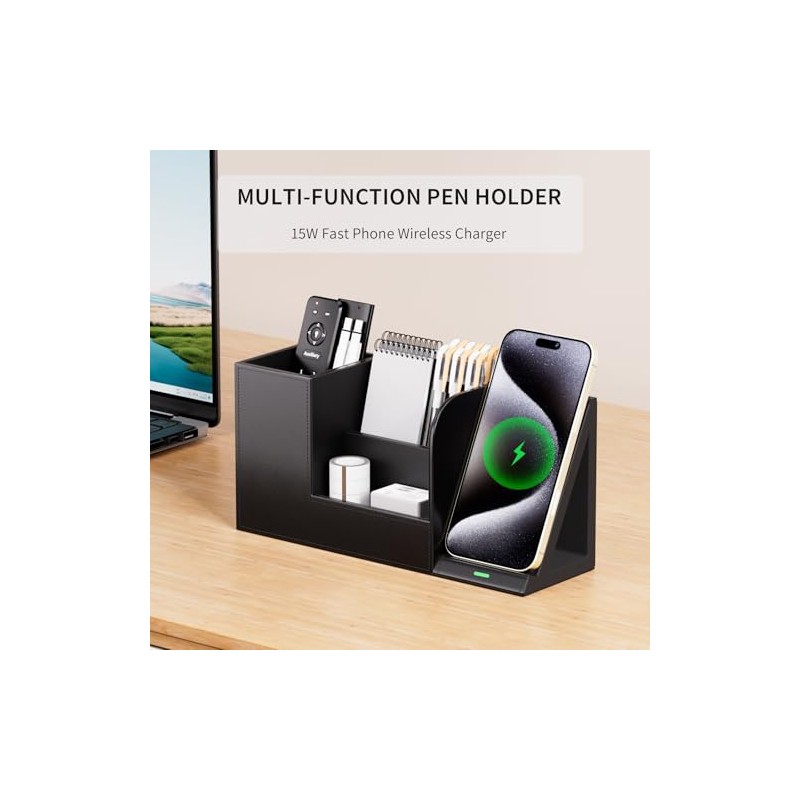 LADSTAG Vegan Leather Desk Organizer with Phone Stand