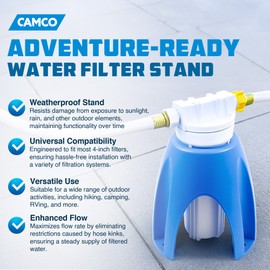 Camco - 21018 Universal Fit Plastic Water Filter Stand- Supports Water Filter in Upright Position to Reduce Hose Kinking and Maximize Water Flow Rate, Fits 4-Inch Filters - 40775, Blue