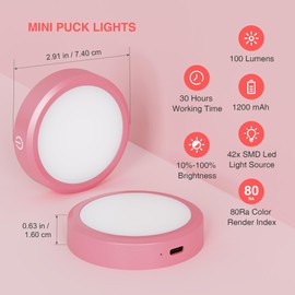 Rechargeable Puck Lights with Remote Control,LED Under Cabinet Light with Full-Screen,3 Color Temperatures Stick On Light Wireless, Tap Lights for Kitchen,Cabinet,Counter,Closet,Shelf,2 Pack, Pink