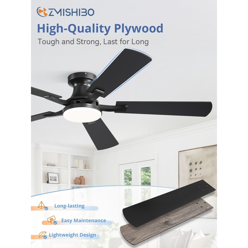ZMISHIBO 52 Inch Ceiling Fan with Light, App&Remote Control, Flush