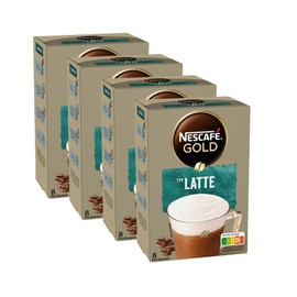 NESCAFÉ Gold type latte, drink powder made from soluble bean coffee, serving strong taste and intense aroma, caffeinated, pack of 4 (4 x 8 drink powder sticks of 18 g)