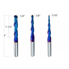 HZBIAO STQ336 Ballnose Upcut CNC Spiral Router Bit 1/4" Shank 2D & 3D Carving 3.6 2.4 0.1 Deg Tapered End Mill 1/4 Cutting Dia 1/8 Cutting Dia 1/16 Cutting Dia