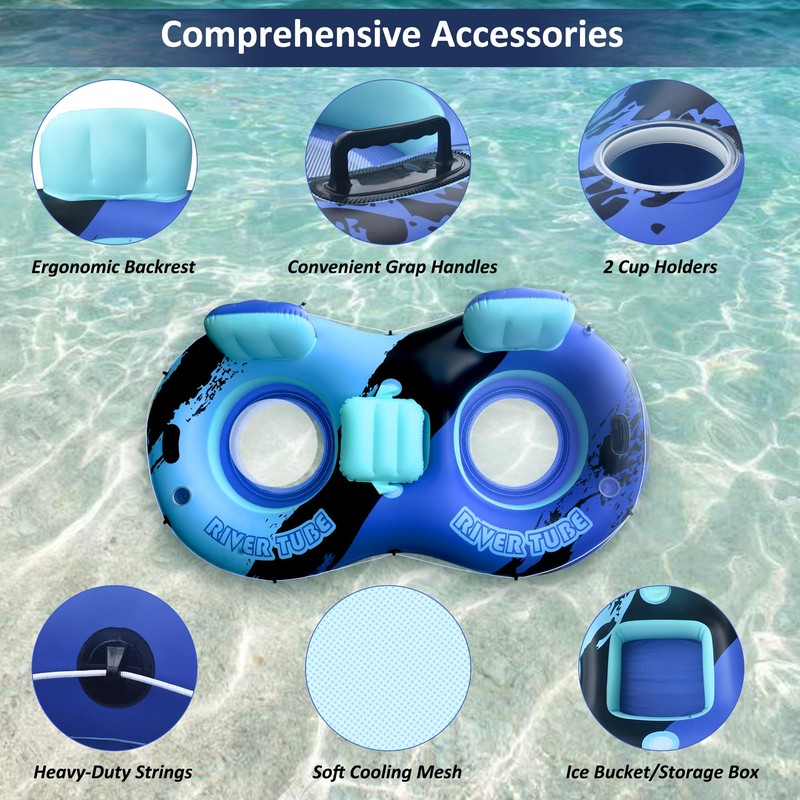 Heavy Duty Double River Tube, 2-Person Inflatable Floating Tube with