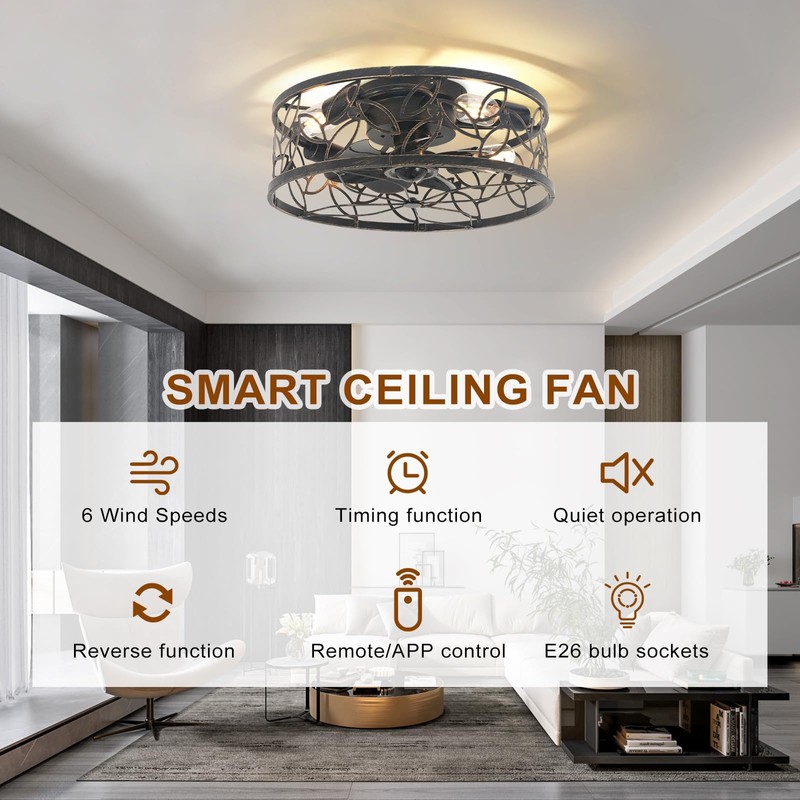 Garwarm Caged Ceiling Fan with Light,18in Rustic Industrial Ceiling Fans