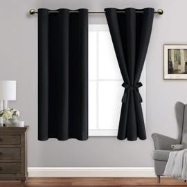 JIUZHEN Black Blackout Curtains with Tiebacks - Thermal Insulated, Light Blocking and Noise Reducing Grommet Curtain Drapes for Bedroom and Living Room, Set of 2 Panels, 42 x 45 Inch Length