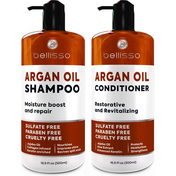 Moroccan Argan Oil Shampoo and Conditioner Set - Sulfate Free with No Parabens - Botanicals for Women and Men - Professional Moisturizing, Anti Frizz, Hydrating Solution for Dry, Wavy and Curly Hair