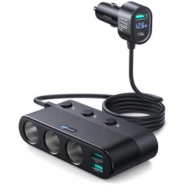 [2025 Upgraded] 7 in 1 Cigarette Lighter Adapter, JOYROOM 179W Car Charger Adapter with PD30W Charge(3.3FT Cable), 24V/ 12V Cigarette Lighter Splitter with Independent Switches & LED Voltage Display