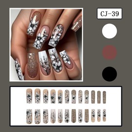 EYZOTSF Press on Nails Long Coffin Shaped Acrylic Square False Nails with Designs Artificial Extra Long Length Coffin Fake Nails with Charms Glue Stick ons Fingernails for Women Girls(CJ39)