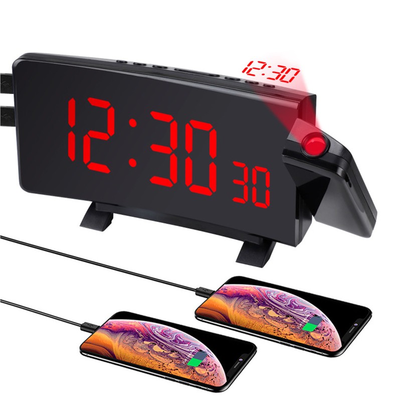 Projection Alarm Clock with 2 USB Ports LED Curved Display