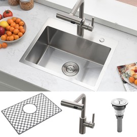 20 Inch Kitchen Sink Drop In with Faucet Combo-Brovy 20x16 Small Outdoor Stainless Steel Kitchen Sink Drop-In 18 Gauge Single Bowl Top Mount Wet Bar Sinks with Mat&Drainer