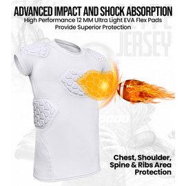 Exxact Sports Elite 6-Pad Adult Padded Football Shirt with Chest, Shoulder, Ribs & Spine Protection, Mens Football Padded Compression Shirt (White, Adult Medium)