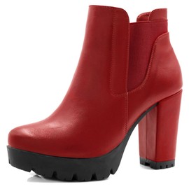 Allegra K Women Chunky High Heel Platform Zipper Red Chelsea Boots 8.5 M US